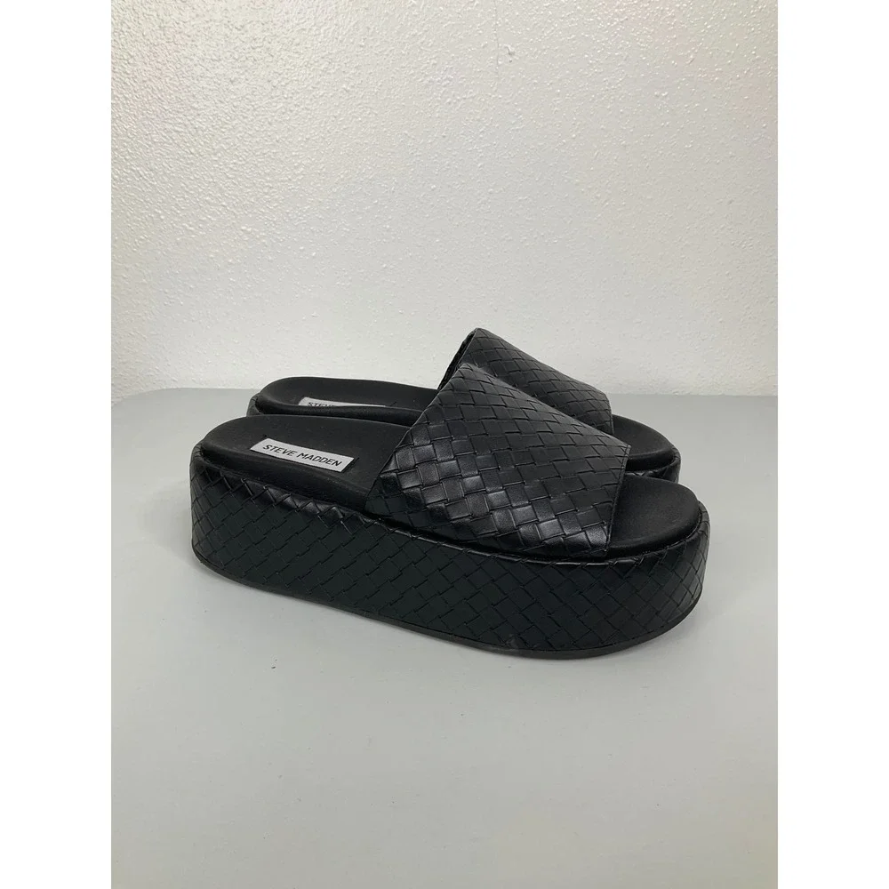 Steve Madden Playa Black Woven Platform Slide Sandals Womens 7M PLAY1351